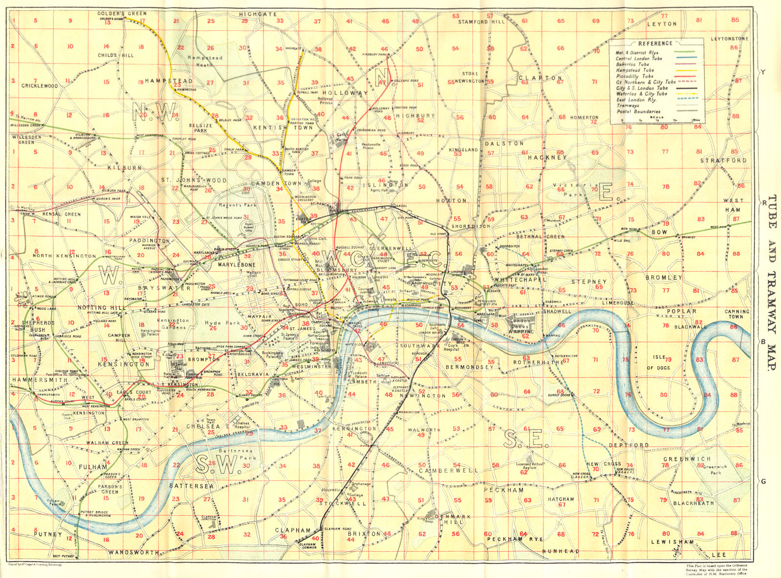 LONDON. Tube & Tramway Map of 1924 old antique vintage plan chart
